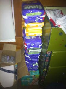 This was the leaning tower of diapers that we'd accumulated before the twins were born. :)